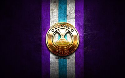 Orlando Pride FC, golden logo, NWSL, violet metal background, american soccer club, National Womens Soccer League, Orlando Pride logo, soccer, Orlando Pride