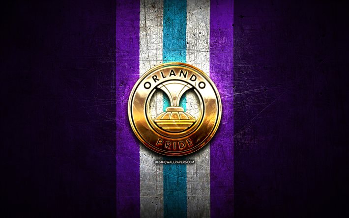 Orlando Pride FC, kultainen logo, NWSL, violetti metallitausta, amerikkalainen jalkapalloseura, National Womens Soccer League, Orlando Pride -logo, jalkapallo, Orlando Pride