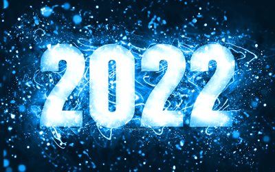 Download imagens 4k, Feliz Ano Novo de 2022, luzes de néon azuis, conceitos  de 2022, ano novo de 2022, 2022 em fundo azul, dígitos do ano de 2022,  dígitos de 2022 azuis