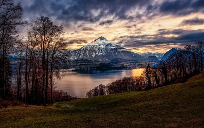 Thunsjön, Niesenberget, kväll, solnedgång, Berner Alperna, bergssjön, Alperna, Thunersee, Schweiz