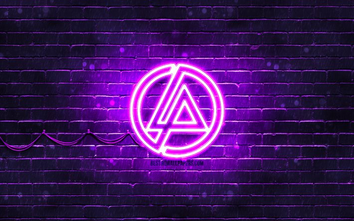 リンキンパークバイオレットロゴ, 4k, 音楽スター, 紫のレンガの壁, Linkin Park, お, リンキンパークネオンロゴ