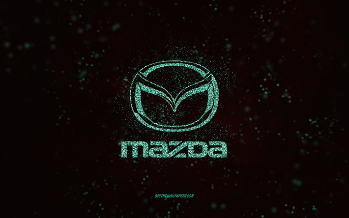 Mazda parıltılı logo, 4k, siyah arka plan, Mazda logosu, yeşil parıltılı sanat, Mazda, yaratıcı sanat, Mazda yeşil parıltılı logo