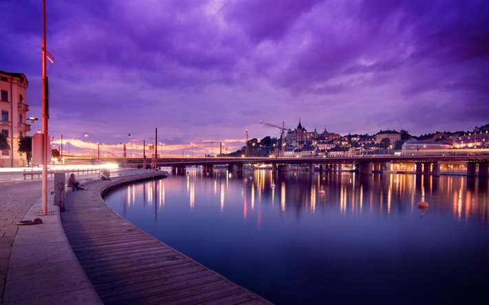 stockholm, schweden, spiegelungen, ufer, nacht, lichter