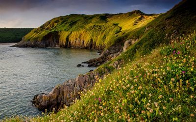 costa, rochas, ondas, oceano, Celta Mar, Reino Unido, Bristol Bay, Three Cliffs Bay, Pen&#237;nsula De Gower