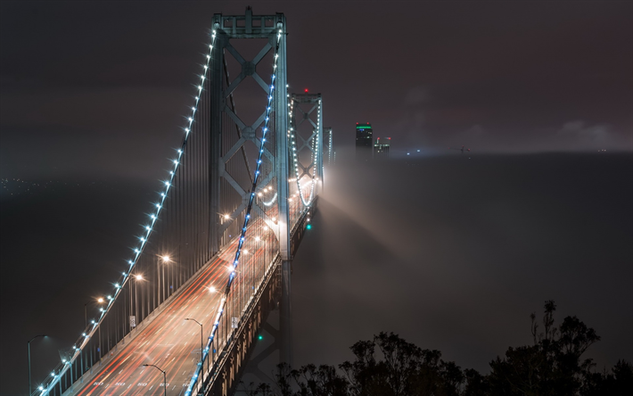 ベイブリッジ, サンフランシスコ, 夜, 霧, 吊り橋, オークランド, カリフォルニア, 米国
