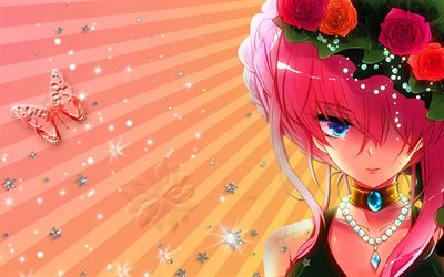 Megurine Luka, manga, muotokuva, vaaleanpunainen hiukset, kukkia, Vocaloid