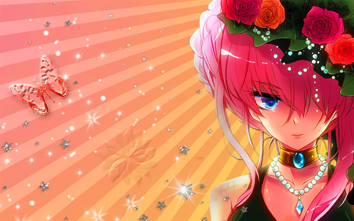 Megurine Luka, manga, retrato, de cabelo rosa, flores, Vocaloid