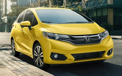 Honda Fit, street, 2018 cars, yellow Fit, electric vehicle, Honda