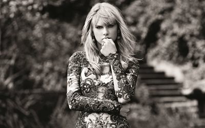Taylor Swift, la chanteuse Américaine, femme élégante, portrait, noir et blanc, modèle de mode