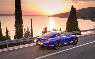 Bentley Continental GT, Coup&#233;, 2017, Bentley Azul, Vista posterior, luxo portal, p&#244;r do sol, Brit&#226;nica de carros esportivos, Bentley