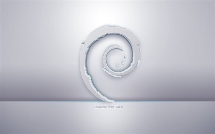 Debian 3d beyaz logo, gri arka plan, Debian logosu, yaratıcı 3d sanat, Debian, 3d amblemi