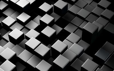 black 3d boxes, 4k, 3D cubes textures, black backgrounds, 3D textures, cubes textures
