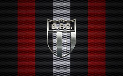 Botafogo SP logo, Brazilian football club, metal emblem, red and black metal mesh background, Botafogo SP, Serie B, Ribeiran Preto, Brazil, football