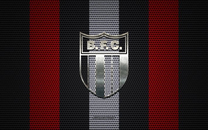 Logotipo do Botafogo SP, clube brasileiro de futebol, emblema de metal, fundo de malha de metal vermelho e preto, Botafogo SP, S&#233;rie B, Ribeiran Preto, Brasil, futebol