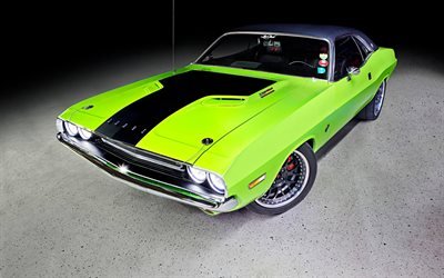 Dodge Challenger, 1970, vista frontal, exterior, cup&#234; verde, carros retr&#244;, carros cl&#225;ssicos americanos, Dodge