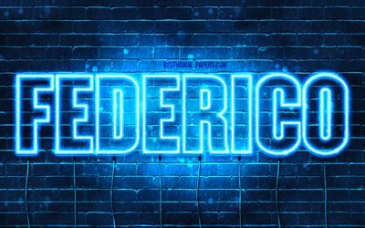 Federico, 4k, wallpapers with names, Federico name, blue neon lights, Happy Birthday Federico, popular italian male names, picture with Federico name