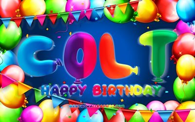 Happy Birthday Colt, 4k, colorful balloon frame, Colt name, blue background, Colt Happy Birthday, Colt Birthday, popular american male names, Birthday concept, Colt