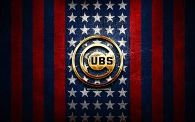 Chicago Cubs flag, MLB, blue red metal background, american baseball team, Chicago Cubs logo, USA, baseball, Chicago Cubs, golden logo