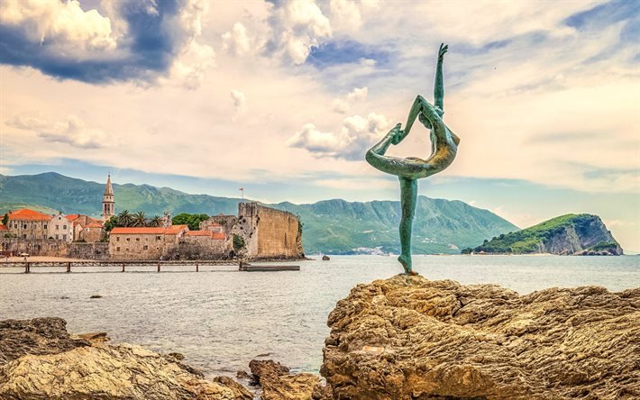 Budva, Escultura de bailarina, estatua de bailarina de Budva, estatua de gimnasta, tarde, puesta de sol, mar Adri&#225;tico, costa, centros tur&#237;sticos de Croacia, paisaje marino, Croacia