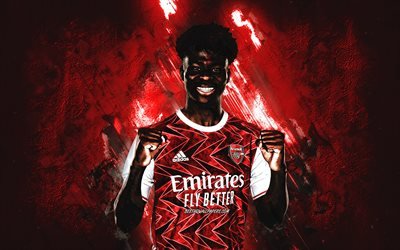 Bukayo Saka, Arsenal FC, English footballer, portrait, red stone background, creative art, football