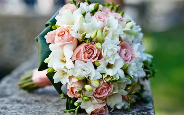 bouquet de mariage, roses roses, bouquet de mari&#233;e, roses, belles fleurs, bouquet rose blanc