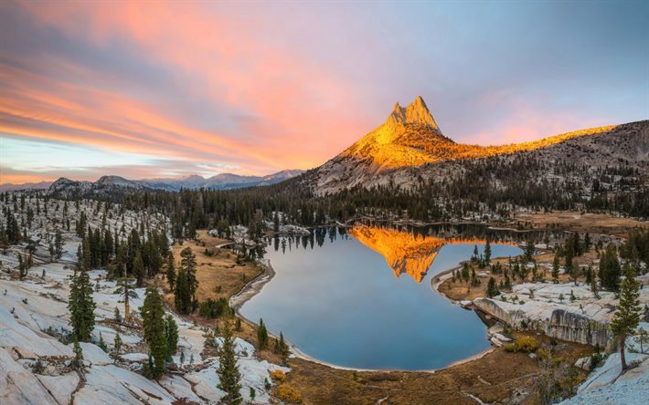p&#244;r do sol, montanha, lago, lago de montanha, Yosemite, Calif&#243;rnia, EUA