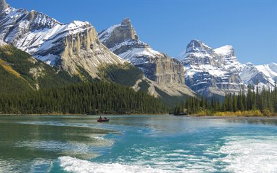Maligne Lake, 4k, mountains, canadian landmarks, Jasper National Park, Canada