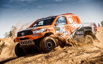 Toyota Hilux, 2018, Dakar Rally, desert sand, racing cars, Toyota