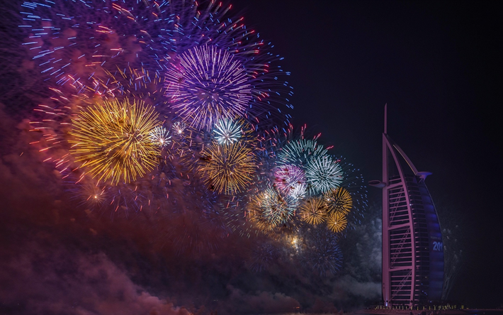 Burj Al Arab Hotel, Dubai, night city, fireworks, holiday, UAE