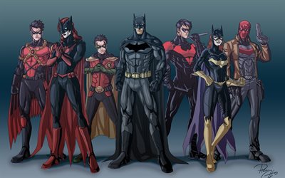 Batwoman, Batman, Robin, Nightwing, Red Hood, Red Robin, Batgirl, superheroes, Justice League, DC Comics