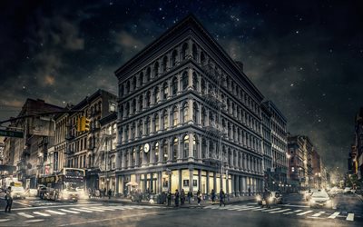 New York, Manhattan, strade, USA, notte, taxi
