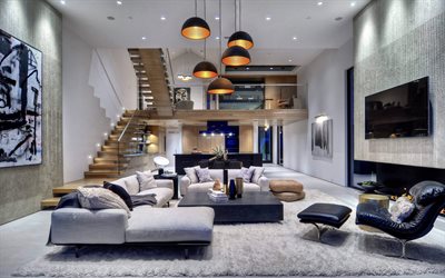 country house, luxurious modern interior, modern design, staircase, sofa, kitchen