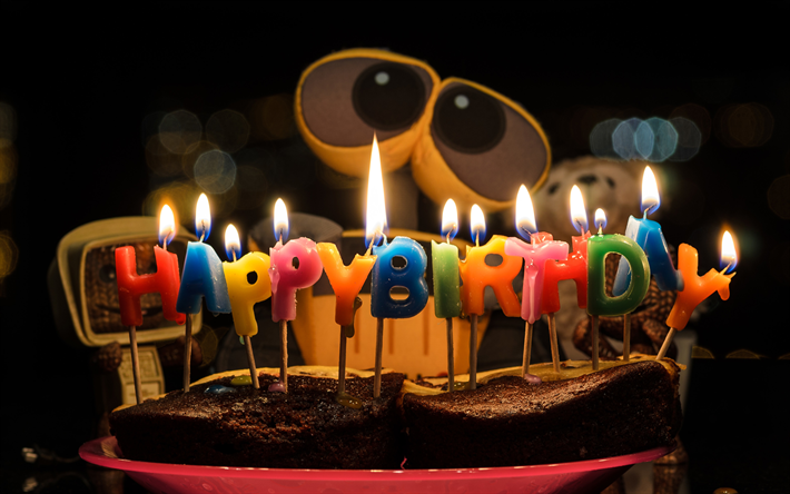 Joyeux Anniversaire, 4k, WALL-E, les g&#226;teaux d&#39;anniversaire, bougies, anniversaire