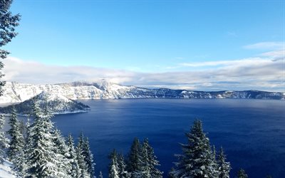 火口湖, 4k, 冬, 山々, 米, オレゴン州, 米国