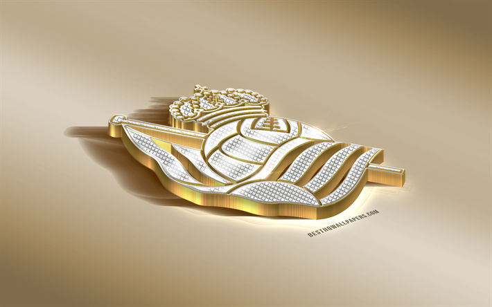 Royal Society, Espanjan football club, golden hopea logo, San Sebastian, Espanja, Liiga, 3d kultainen tunnus, luova 3d art, jalkapallo, LaLiga