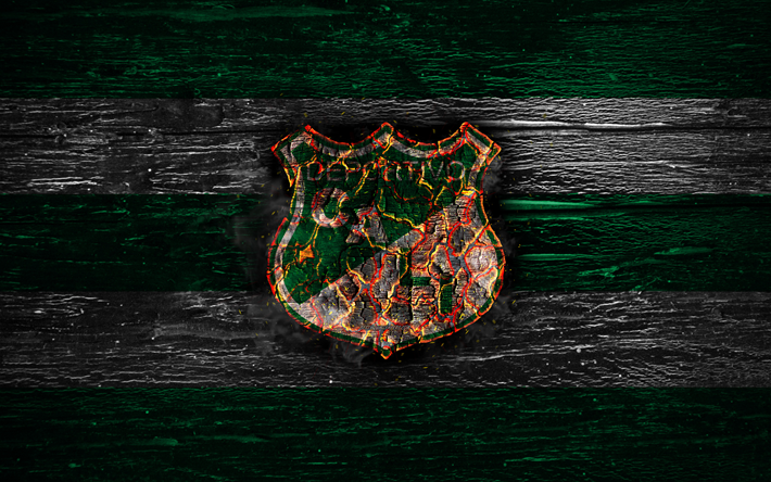 Deportivo Cali FC, fire logo, Liga Aguila, green and white lines, Colombian football club, grunge, football, Categoria Primera A, soccer, Deportivo Cali logo, wooden texture, Colombia