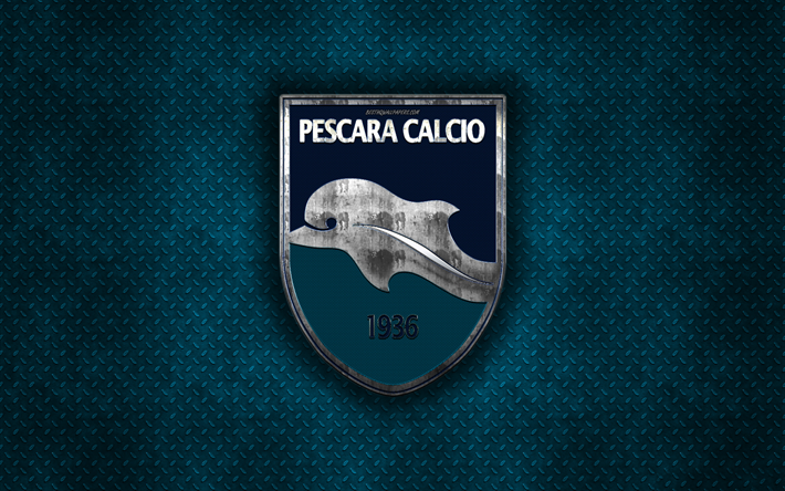 delfino pescara 1936, italienische fu&#223;ball-club, blau metall textur -, metall-logo, emblem, pescara, italien, serie b, kreative kunst, fu&#223;ball, pescara calcio