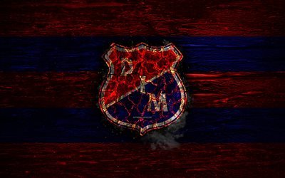 Independiente Medellin FC, fire logo, Liga Aguila, red and blue lines, Colombian football club, grunge, football, Categoria Primera A, Deportivo Independiente Medellin, soccer, Independiente Medellin logo, wooden texture, Colombia