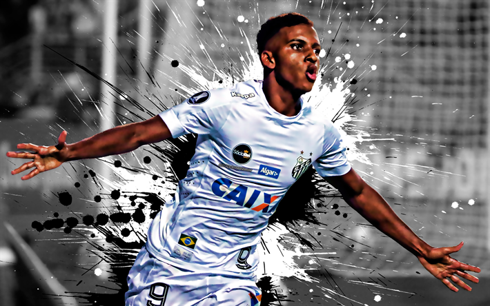 Rodrygo, 4k, Brazilian football player, Santos FC, striker, white-black paint splashes, creative art, Serie A, Brazil, football, grunge, Rodrygo Goes