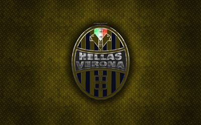Hellas Verona FC, Italian football club, yellow metal texture, metal logo, emblem, Verona, Italy, Serie B, creative art, football