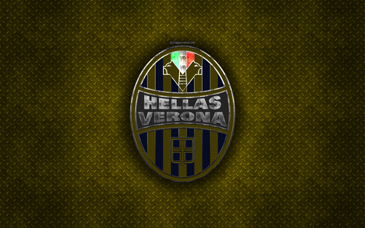 Hellas Verona FC, club de f&#250;tbol italiano, de metal amarillo de textura de metal, logotipo, emblema, Verona, Italia, Serie B, creativo, arte, f&#250;tbol