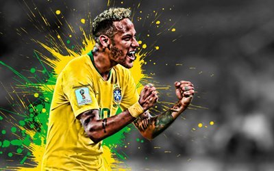 Neymar, Brasilian jalkapallomaajoukkue, eteenp&#228;in, Brasilialainen jalkapalloilija, luova Brasilian lippu, maali roiskuu, Brasilia, jalkapallo, Neymar Junior