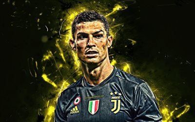 Ronaldo, black uniform, close-up, Juventus FC, CR7 Juve, Bianconeri, football stars, portuguese footballers, soccer, Serie A, striker, Cristiano Ronaldo, neon lights, CR7, abstract art