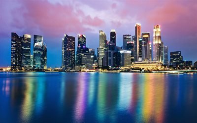 Singapour, gratte-ciel, soir&#233;e, coucher du soleil, paysage urbain, ligne d&#39;horizon, des b&#226;timents modernes, des centres d&#39;affaires, Asie