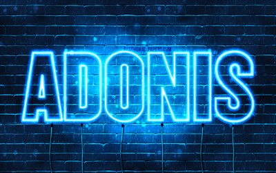 Adonis, 4k, fondos de pantalla con los nombres, el texto horizontal, Adonis nombre, luces azules de ne&#243;n, de la imagen con el nombre Adonis
