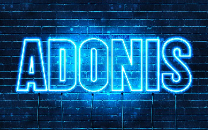 Adonis, 4k, taustakuvia nimet, vaakasuuntainen teksti, Adonis nimi, blue neon valot, kuvan nimi Adonis