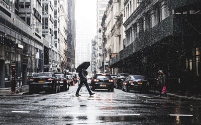 Nova York, manh&#227;, Manhattan, inverno, chuva, edif&#237;cios, Nova York paisagem urbana, NYC, EUA