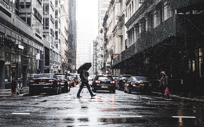 New York, morgon, Manhattan, vinter, regn, byggnader, New York-staden, NYC, USA