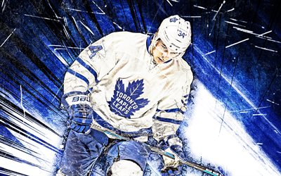 4k, Auston Matthews, grunge arte, Toronto Maple Leafs, NHL, estrelas do h&#243;quei no gelo, azul resumo raios, h&#243;quei, jogadores de h&#243;quei, EUA