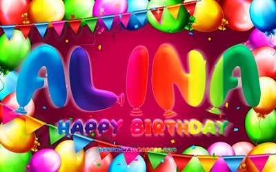 お誕生日おめでAlina, 4k, カラフルバルーンフレーム, Alina名, 紫色の背景, Alinaお誕生日おめで, Alina誕生日, ドイツの人気女性の名前, 誕生日プ, Alina